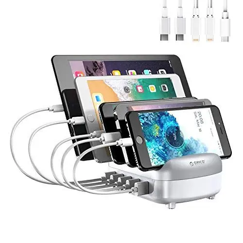 Produktbild: ORICO USB Ladestation 5 Port Schnellladestation, Lädt mehrere Geräte auf, Smart Charger Organizer mit 5 kurzen Ladekabeln, Kompatibel mit Apple iPad iPhone Android (Inklusive 5 Ladekabel - Weiß)