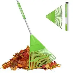 Produktbild: ORIENTOOLS Garten Laubrechen, Garten Rechen für Rasen Laub mit Faltbarer Griff 120 bis 165 cm Rechen 22 Starke Zinken Kunststoff Kopf Strauch Rechen Hellgrün