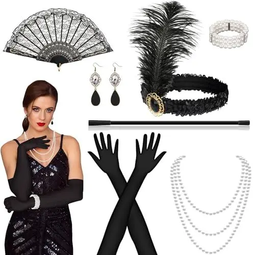Produktbild: Orifinter 9-Teiliges Gatsby Accessoires Set - 20er Jahre Kleid Zubehör, Charleston Kostüm Mit Federboa - Perfekt für Damen
