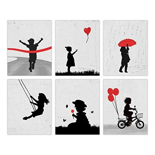 Produktbild: ORIGACH 6 Stück Banksy Leinwand Wandkunst, 20x25cm Abstrakte Graffiti Wanddekoration - Es gibt Immer Hoffnung - Schwarz Rot und Grau Ungerahmte Kinder Leinwand Wanddrucke für Schlafzimmer Wohnzimmer