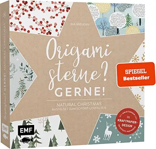 Produktbild: Origamisterne? Gerne! – Natural Christmas – Weihnachtliches Bastelset zum Sofort-Losfalten: Mit Anleitungen und 96 Effekt-Papieren in Kraftpapier-Design