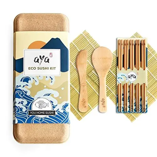 Produktbild: Original Aya Eco Sushi-Kit, Sushi-Set zum Selbermachen, ganz natürlich, umweltfreundlich, biologisch abbaubarer Bambus, 2 Sushi-Matten, 5 Paar Essstäbchen, 1 Löffel, 1 Spachtel