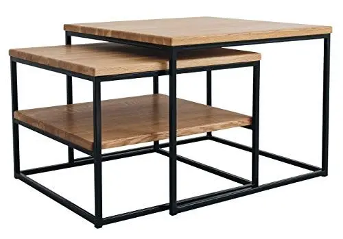 Produktbild: Original BestLoft® 2er-Set Couchtisch Twinsburg mit 3 Platten aus edler Eiche Industriedesign (Eiche Natur + Gestell in Schwarz + 3 Platten)