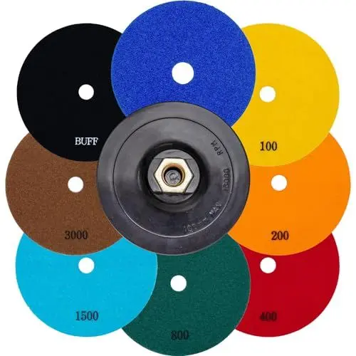Produktbild: Profi Diamant-Schleifpad-Set für Trockenschliff 9 teilig 125 mm Körnung 50 bis Polierer Klett-Aufnahmeteller für Naturstein Granit Feinsteinzeug Fliesen Keramik Kunststein Glas Marmor