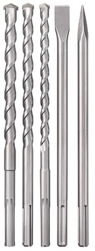 Produktbild: Original Einhell 5-tlg. SDS-max Bohrer-Meißel-Set (Abbruch-/Bohrhammer-Zubehör, inkl. 3x Steinbohrer Ø 18, 20, 25 mm, 1x Flachmeißel, 1x Spitzmeißel, im praktischen Koffer)