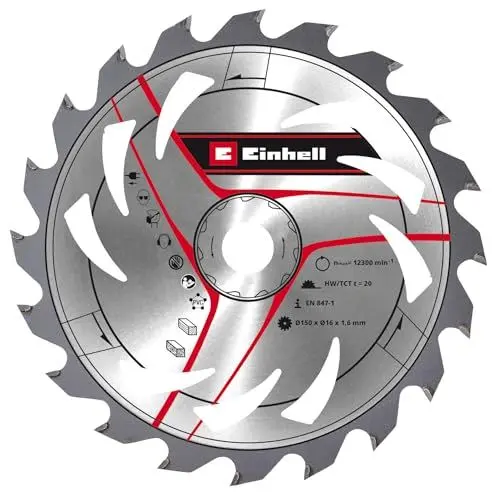 Produktbild: Original Einhell Kreissägeblatt 150x16 (Sägen-Zubehör, Ø 150 mm, Aufnahme 16 mm, 20 geschränkte Zähne, Schnittbreite 1,6 mm, hartmetallbestückt, für Akku-Handkreissägen)