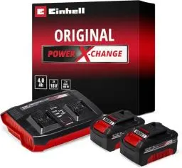 Produktbild: Original Einhell Starter Kit 2x 4,0 Ah Akkus und Twincharger Power X-Change (Li-Ion, 18 V, 75 min Ladezeit, passend für alle Power X-Change Geräte)