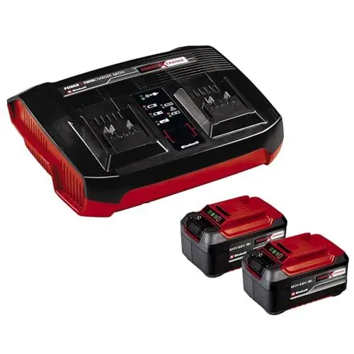 Produktbild: Original Einhell Starter Kit Akku und Ladegerät Power X-Change (Lithium Ionen, 18 V, 2x5,2 Ah Akku und Twincharger, passend für alle Power X-Change Geräte)
