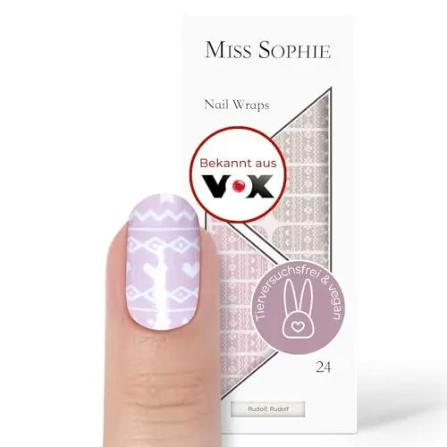 Produktbild: Original Miss Sophie Nagelfolien Frozen Glam I 24 ultra-dünne Nagellack-Streifen mit Muster Rudolf, Rudolf I Für Finger- & Fußnägel I Hält auf Natur- sowie lackierten, Acryl-, Gel- & Shellac-Nägeln