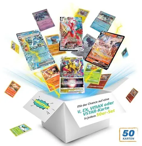Produktbild: Original Pokemon Karten Set von Tobostop - 50 Verschiedene Neue Deutsche Sammelkarten - 3X Holo-Karten - 1x super seltene V,EX,VMAX Oder VSTAR Pokémonkarte Garantiert