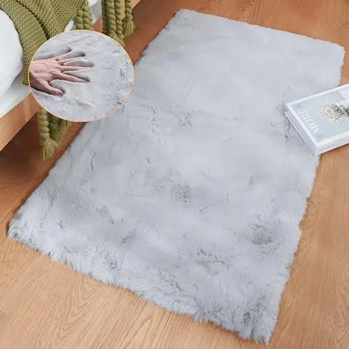 Produktbild: ORINOVA Teppich Schlafzimmer Grau Waschbar Kunstfell 60x90 cm Kurzflor Flauschiger Teppich Wohnzimmer Kinderzimmer Weicher Deko Rechteckig