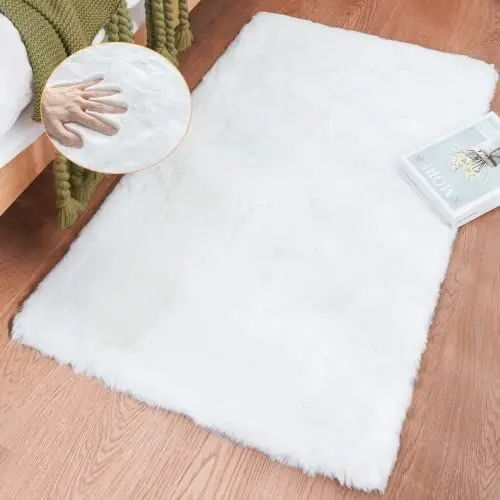 Produktbild: ORINOVA Teppich Schlafzimmer Waschbar Fellteppich Weiß Flauschig Kunstfell Kurzflor 60x90 cm Teppich Für Wohnzimmer Kinderzimmer Deko Rechteckig