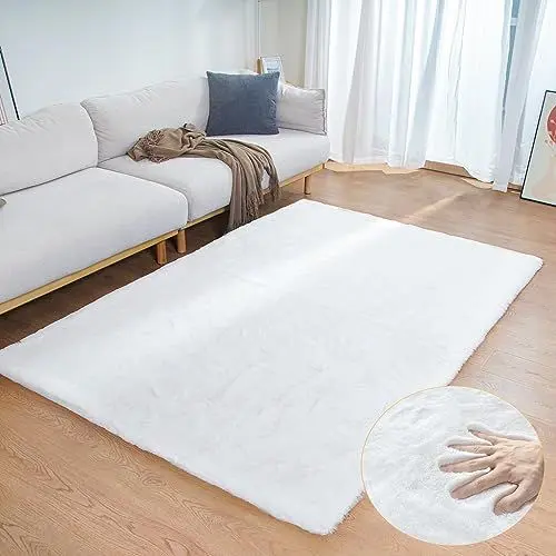 Produktbild: ORINOVA Teppich Wohnzimmer Waschbar Weiß 120x180 cm Kunstfell Flauschiger Kurzflor fellteppich Schlafzimmer Kinderzimmer Bettvorleger Gegend Deko Weich Rechteckig