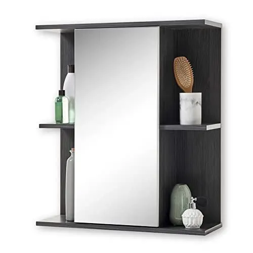 Produktbild: Orlando Spiegelschrank Bad mit LED-Beleuchtung in Weiß Hochglanz, Pinie Grau - Badezimmerspiegel Schrank mit viel Stauraum - 60 x 68 x 20 cm (B/H/T)
