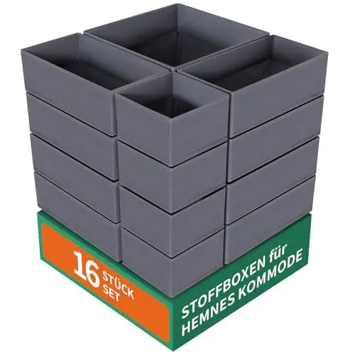 Produktbild: ORLISA Hemnes Organizer für Hemnes Kommode-Schubladen Organizer/Ordnungssystem für Kleidung faltbar-wasch flexibel kombinierbar, Schrank Organizer für Kleiderschrank oder Wickelkommode 16 Stück, Grau