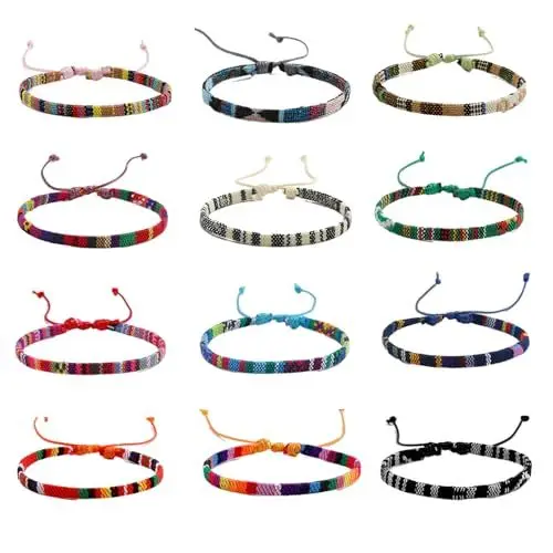 Produktbild: Ormromra 12 Stück Böhmische Gewebte Armbänder, Multi Farbe Freundschaft Armbänder, Handgefertigtes Geflochtenes Armband,Verstellbar Freundschaftsbänder für Kinder,Damen,Herren