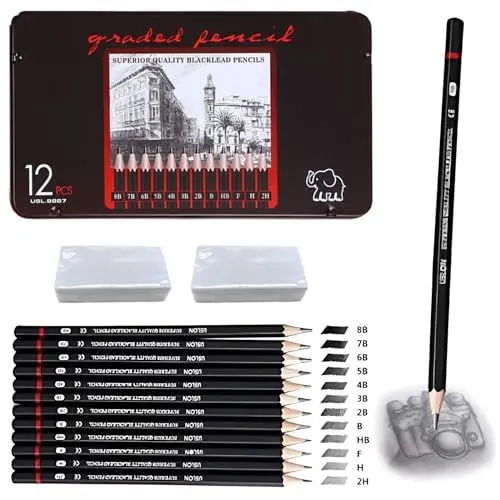 Produktbild: Ormromra 12 Stück Skizzienstifte, Bleistift Set mit 2 Weißer Radiergummi, Zeichenstifte Set (8B 7B 6B 5B 4B 3B 2B B HB F H 2H), Professionelle Bleistifte für Mädchen,Junge,Anfänger,Künstler
