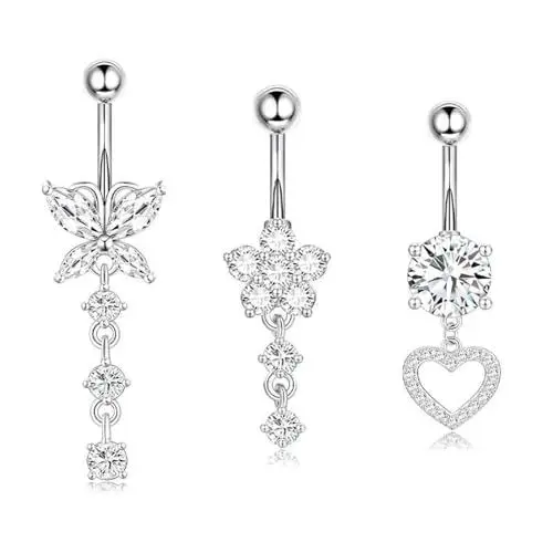 Produktbild: Ormromra 3 Stück Bauchnabel Ringe Chirurgenstahl Set, Silber Herz Kristallkugel Anhänger Schmetterling Lang Bauchpiercing Piercing Bauchnabel Schmuck, für Frauen Bauch Piercing Pack