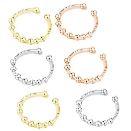Produktbild: Ormromra Anxiety Ring, 6 Stück Edelstahl Anti Stress Ring, Dekompressionsringe Set, Verstellbar Spinner Drehbare Ringe, Offene Stressringe Schmuck für Frauen Herren