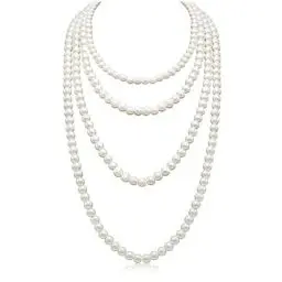 Produktbild: Ormromra Imitation Perlen Kette, weiß 150 cm Kostüm Accessoires Lange Perle Halskette, Dame Weiße Elegante Modische Kette für Party Abschlussball Hochzeit Festival