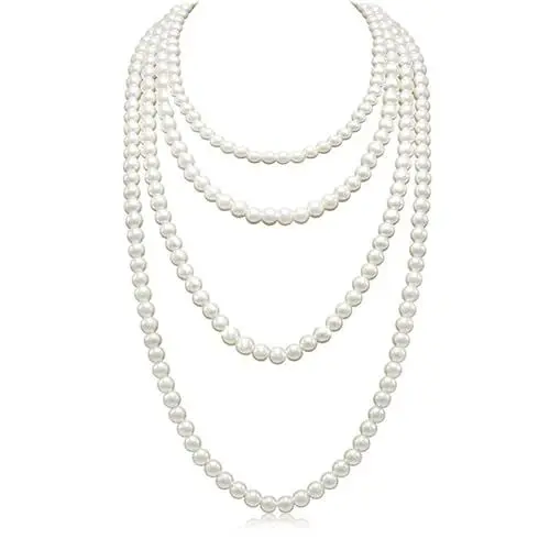 Produktbild: Ormromra Imitation Perlen Kette, weiß 150 cm Kostüm Accessoires Lange Perle Halskette, Dame Weiße Elegante Modische Kette für Party Abschlussball Hochzeit Festival