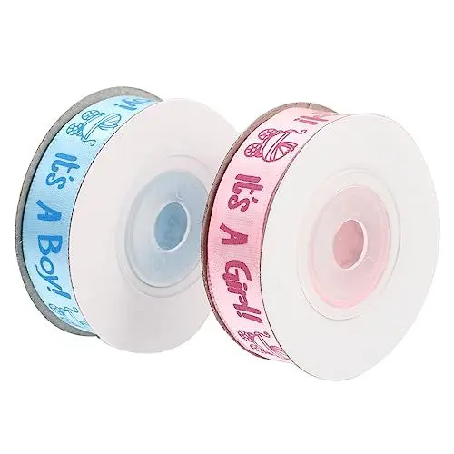 Produktbild: 2 Rollen satinband für babyparty-dekoration, 10 yards geschenkband in rosa und blau mit kinderfreundlichen mustern, ideal für diy, geschenke und partyverpackung