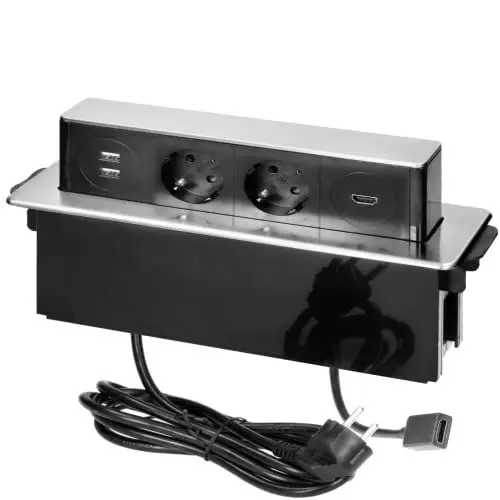 Produktbild: ORNO GM-9016(GS)/B-G Versenkbare Einbau Steckdosenleiste 2-Fach mit 2 x USB 3680W Anschlussfertig mit 2m Kabellänge Schukokabel,Farbe: Schwarz und Silber (3 Steckplätze mit HDMI)