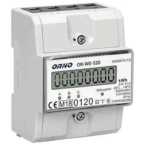 Produktbild: ORNO OR-WE-520 Stromzähler Hutschiene 3-Phasen Einweg MID Geeicht und Zertifiziert Weiß