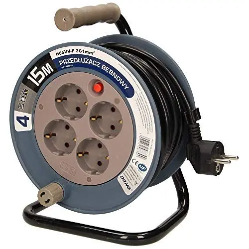 Produktbild: Orno AE-1339 Mini Kabeltrommel 15m mit 4 Steckdosen, Metallständer und Thermoschutz || 2300W / 10A, 230V~, 50Hz || 18 x 24.5 x 14 cm (Blau)