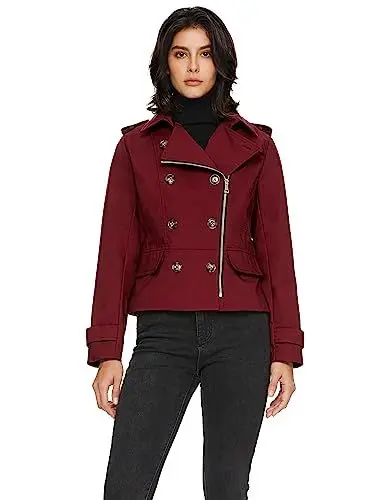 Produktbild: Orolay Damen Kurzmäntel Zweireihiger Trenchcoat Wasserabweisende Jacken mit schmaler Passform Winddichter Trenchcoat Schulterklappen Mäntel Dunkelrot S