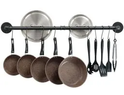 Produktbild: OROPY küchenregal - 97cm Industrieller Stil Wandmontage Hängeleisten für Töpfe Küche Utensilien Gestell Küchenreling Küchenablage und Pfannenhalter, Herdablage Mit 14 Haken