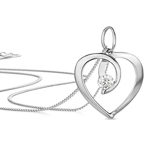 Produktbild: OROVI Damen Goldschmuck Herzförmiger Anhänger aus 9 Karat (375) Weißgold mit Zirkonia Brillantschliff Herzanhänger inklusive kostenloser Silberkette (45 cm)