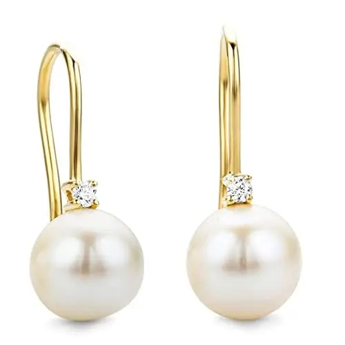 Produktbild: Orovi Schmuck Damen goldene Perlen Ohrhänger mit weiße Süßwasserzuchtperlen und 2 natürlichen Diamanten im Brillantschliff 0.06CT Zeitlose klassische Durchzieher Ohrringe Gelbgold 14 Karat (585) Gold