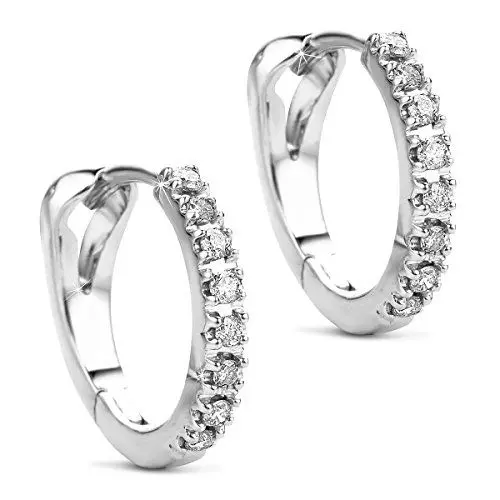 Produktbild: Orovi Schmuck Damen runde Brillant-Diamant-Creolen besetzt mit 16 natürlichen Diamanten im Brillantschliff 0.09CT Zeitlose klassische Ohrringe aus Weißgold 14 Karat(585) Gold, Kreolen-Durchmesser 12mm