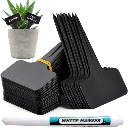 Produktbild: Orrdiffi 100Stk Plastik pflanzschilder für draussen wetterfest 6 * 10cm,Kunststoff Stecketiketten Pflanzenschilder zum Beschriften und Stift,kräuter schilder etiketten pflanzen (Schwarz)