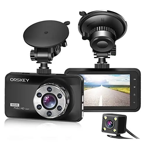 Produktbild: ORSKEY Dashcam für vorne und hinten – 1080P Full HD – 170-Grad-Weitwinkel – HDR – mit 3-Zoll-LCD-Display – Nachtsicht, Bewegungserkennung und Beschleunigungssensor