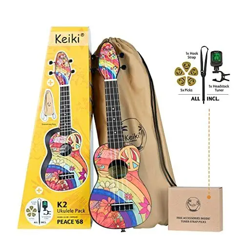 Produktbild: Ortega Guitars Sopran Ukulele Akustisch – Keiki K2 Series – Inklusive Zubehör – Agathis, ABS, Peace ‘68 (K2-68)