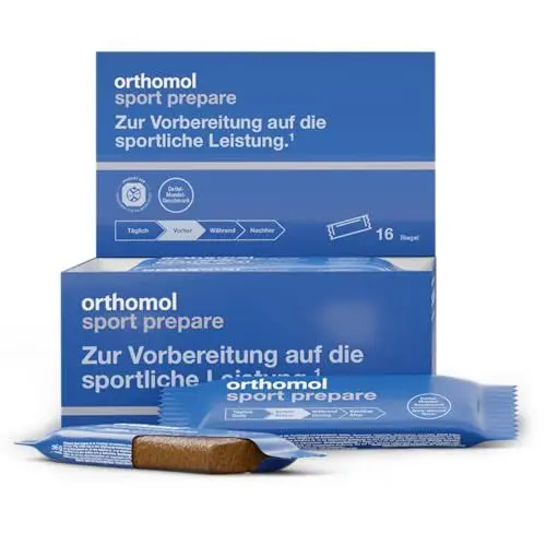 Produktbild: Orthomol Sport prepare: Pre-Workout-Riegel mit Kohlenhydraten, Koffein, Kreatin und BCAAs – Energie & Fokus für Dein Training, Kakao-Mandel-Geschmack, glutenfrei, 16 Riegel