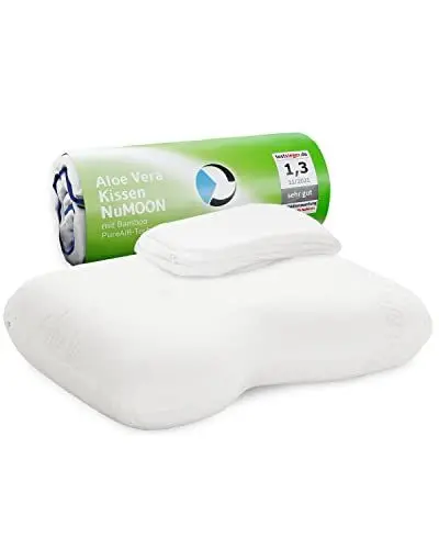 Produktbild: Orthopädisches Nackenstützkissen / Seitenschläfer-Kissen NuMOON zur Druckentlastung der HWS, Kopfkissen für Allergiker geeignet, Entzündungshemmender Aloe Vera Extrakt & gratis zweiter Bezug
