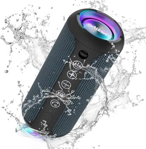 Produktbild: Ortizan Bluetooth Lautsprecher, Bleutooth Box mit LED-Licht, Tragbarer Mini Musikbox mit Freisprechfunktion, IPX7 Wasserschutz und 360° Surround Sound, Kabelloser Outdoor Lautsprecher mit AUX, TF