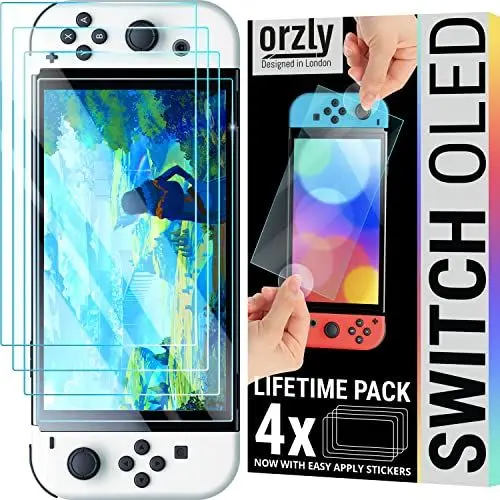 Produktbild: Orzly Displayschutzfolie für Nintendo Switch OLED-Konsole 2024 Modell, gehärtetes Glas, einfache Installation, Life-Time-Edition, 4 Stück