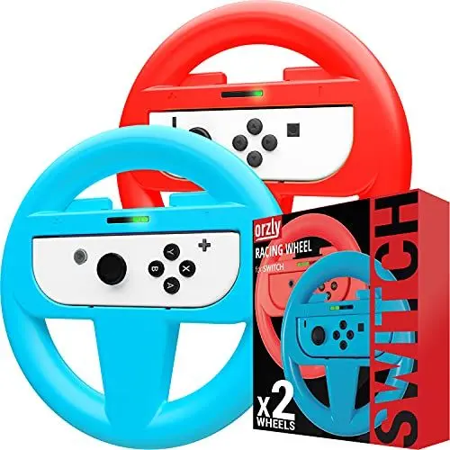 Produktbild: Orzly Lenkrad Vier Pack für Mariokart Nintendo Switch Version - Steering Wheel Zubehörset beinhaltet 2X Lenkrad Aufsatz Nur (BLAU & ROT)