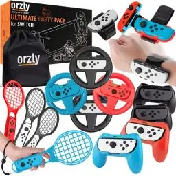Produktbild: Orzly Party-Zubehör-Set für Nintendo-Switch-Konsole mit Controller-Griffen und Renn-Lenkrädern, Handgelenk-Tanzbändern, Tennisschlägern (enthält 16 Partyaufsätze und Tragetasche)
