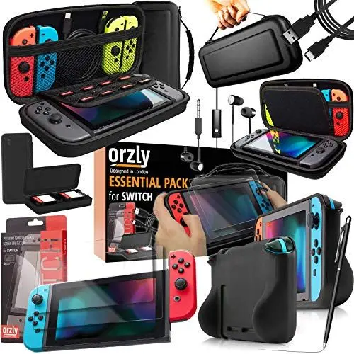 Produktbild: Switch Accesoires, Orzly Zubehör für Nintendo Switch (Panzerglas Schutzfolien, USB Ladekabel, Konsole Tragetasche, Spiele Patronenhülse, Comfort Grip Case, Kopfhörer)-SCHWARZ