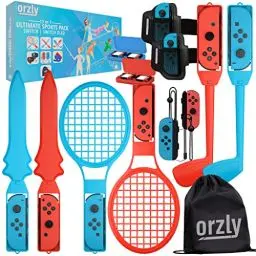 Produktbild: Orzly Switch Sports Pack Zubehörpaket für Nintendo Switch & Switch OLED-Sportspiele mit Tennisschlägern, Golfschlägern, Chambara-Schwertern, Fußball-Beinriemen und Joycon-Griffen – mit Tragetasche