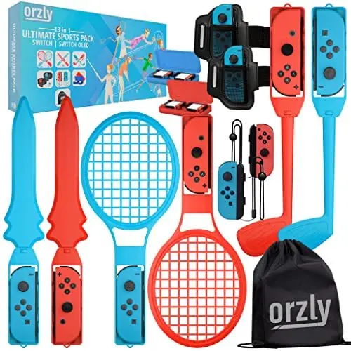 Produktbild: Orzly Switch Sports Pack Zubehörpaket für Nintendo Switch & Switch OLED-Sportspiele mit Tennisschlägern, Golfschlägern, Chambara-Schwertern, Fußball-Beinriemen und Joycon-Griffen – mit Tragetasche