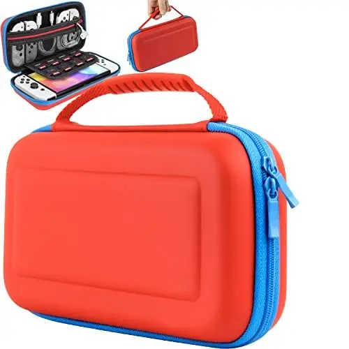 Produktbild: Orzly Tasche Kompatibel mit Neon-Rot/Neon-Blau Nintendo Switch OLED und Switch Konsole mit Zubehör und Spiele-Ablagefach Tragetasche – leicht zu reinigende Hülle in Geschenkbox