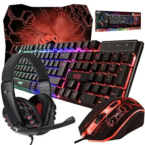 Produktbild: Orzly Tastatur Maus Set Gaming RX250 4 in 1 PC Pack Combo – RGB Hintergrundbeleuchtung Tastatur (QWERTZ DE Layout) und Maus (bis zu 3200 DPI), Gaming Headset & Mauspad großen - für PC, Xbox, PS4