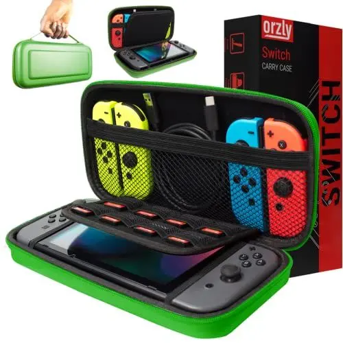 Produktbild: Orzly Tragetasche Kompatibel mit Nintendo Switch und New Switch OLED-Konsole - Grun schützende Hülle, Harte tragbare Reisetasche mit Taschen für Zubehör und Spiele