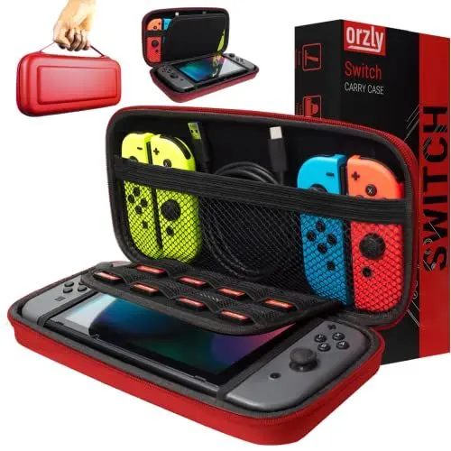 Produktbild: Orzly Tragetasche Kompatibel mit Nintendo Switch und New Switch OLED-Konsole - Rot schützende Hülle, Harte tragbare Reisetasche mit Taschen für Zubehör und Spiele